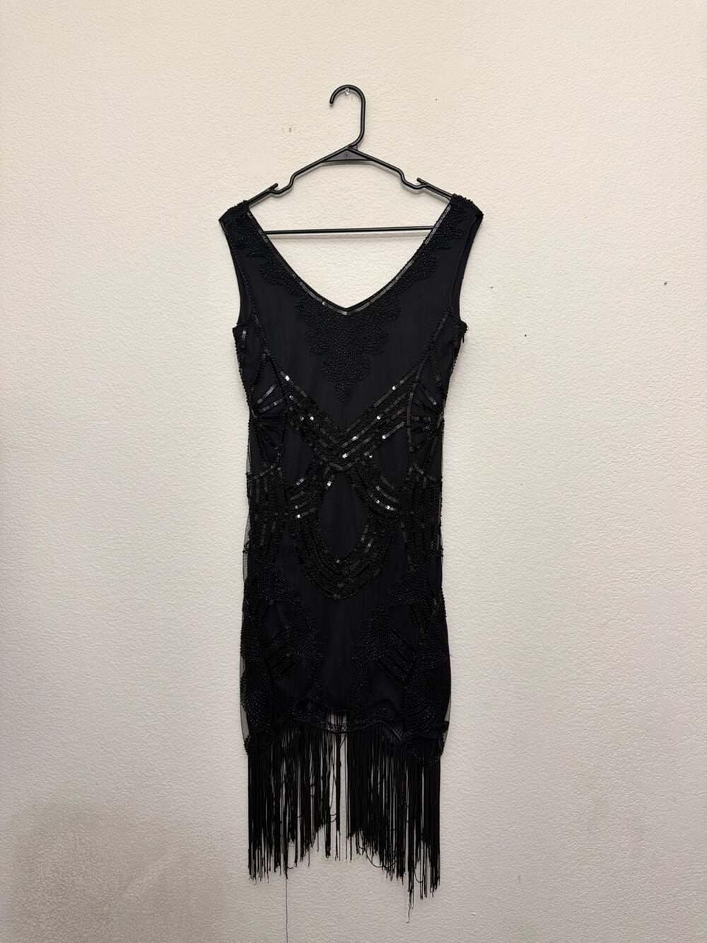 Black Sequin Beaded Flapper Dress Gatsby Fringe Mesh Cocktail Party Dress